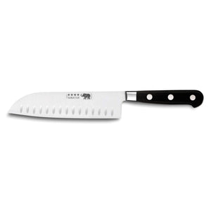 Couteau santoku Sabatier coupe emince 17cm lame carbone forgé , manche nylon noir par Thiers-Issard