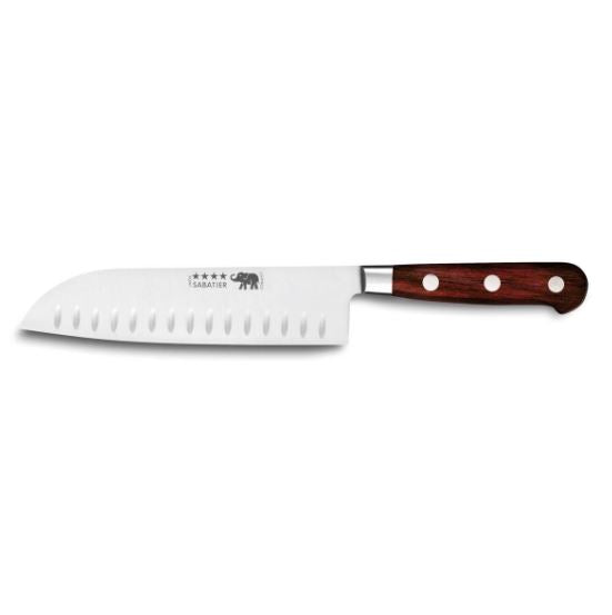Couteau santoku Sabatier coupe emince 17cm lame inox forgé , manche stamina rouge, par Thiers-Issard